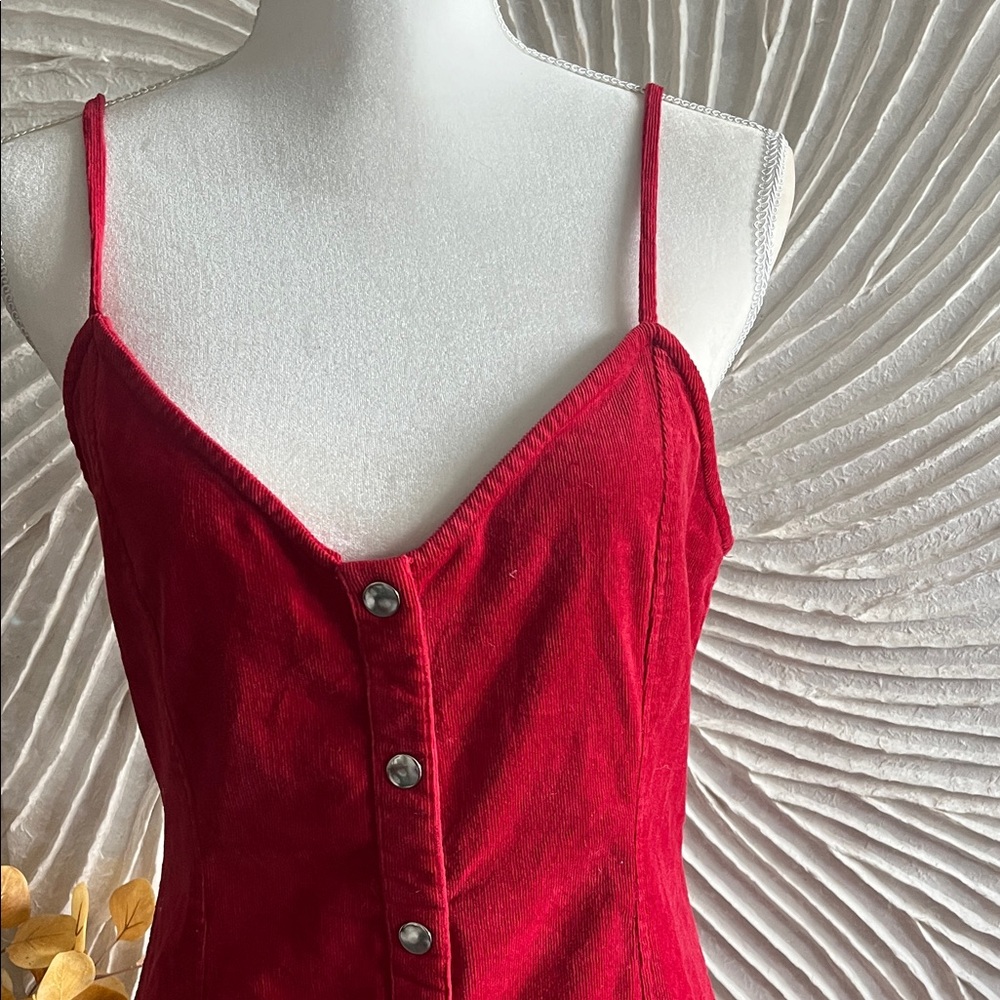 100% Cotton Corduroy Button Up Dress in Red - Picture 5 of 12